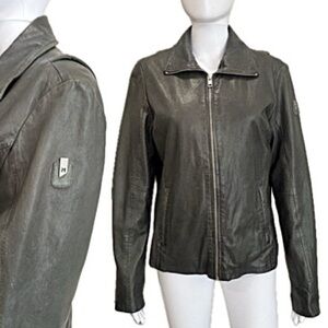 Mauritius Lambskin Leather Jacket Womens Size 12 Large Dark Grey Green Full Zip